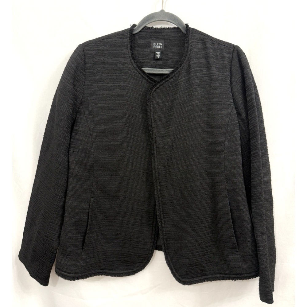 Eileen Fisher Black‎ Open Front Blazer Jacket Textured Fringe Sparkly Womens S